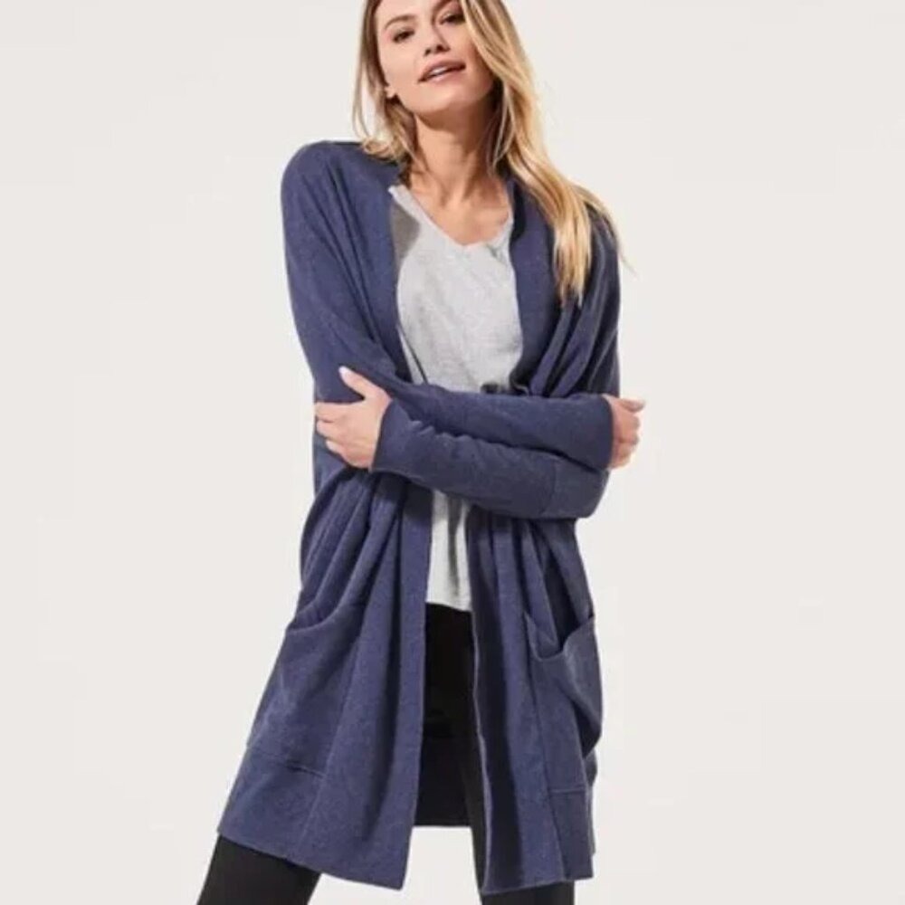 Pact Organic Cotton Open Front Cardigan Sweater Navy‎ Blue Heather S/M